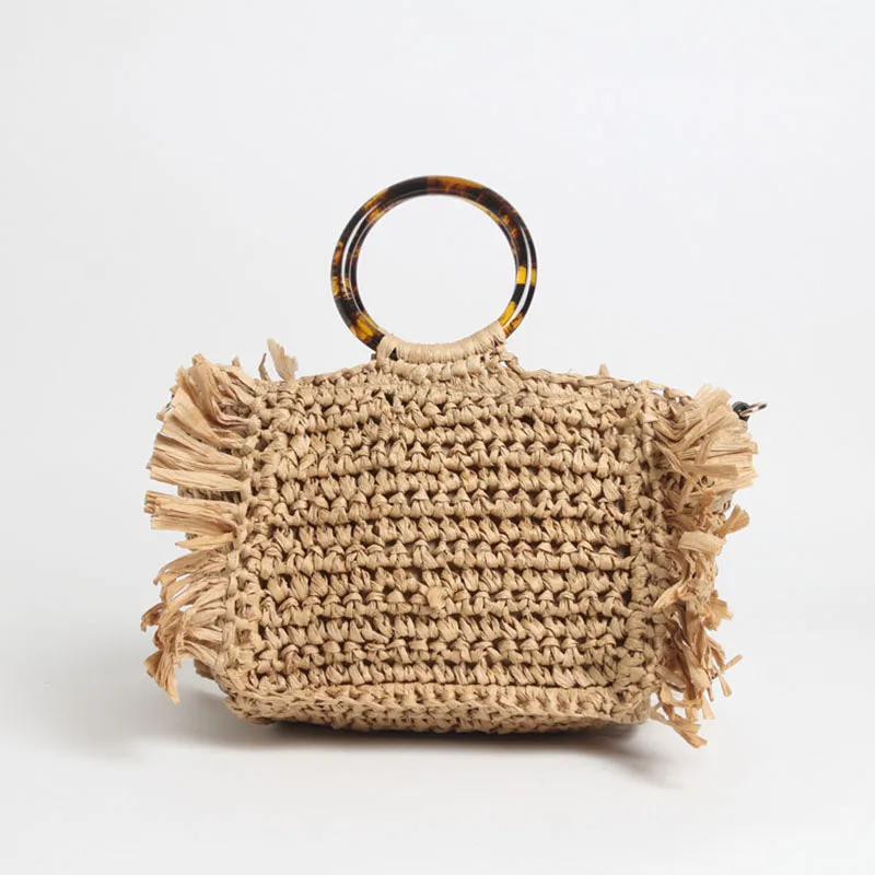 

Leisure Solid Color Handmade Rattan Woven Straw Handbags 2020 Summer Women Acrylic Handle Bags Girls Bohemia Beach Handbag Tote