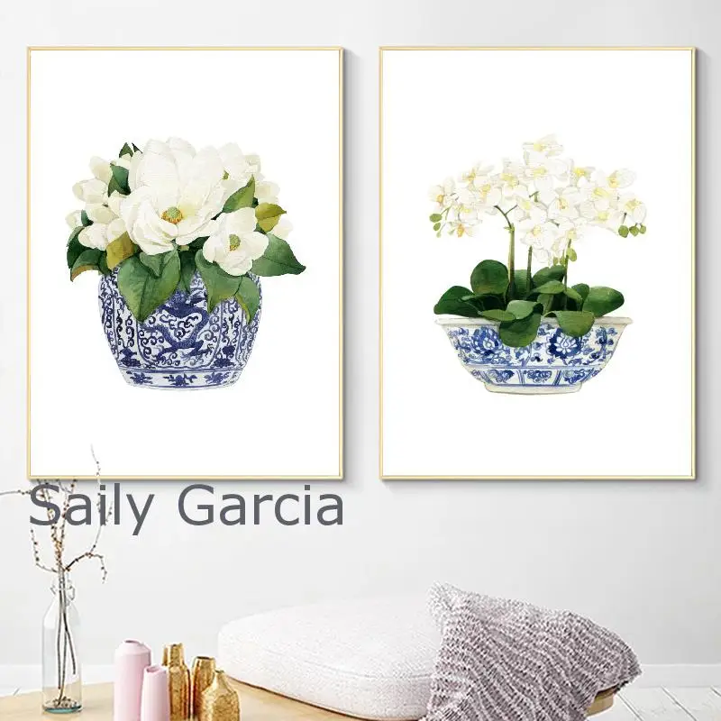 Белая орхидея и цветок магнолии акварельная картина в китайском стиле домашнее