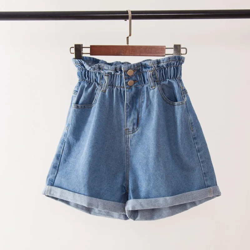 

Plus Size Summer Black Women's Denim Shorts Large Size 5Xl Harem Ruffle White High Waisted Shorts Elastic Waist Jeans for Women