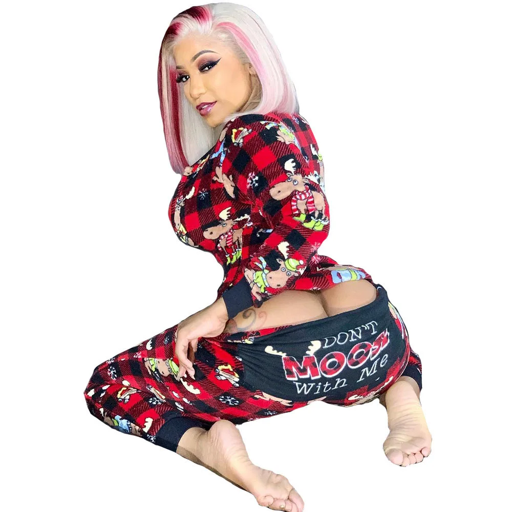 

New Christmas Printed Long Sleeve Homewear Jumpsuit Sexy Slim Fit Bodysuit Fashion Pajamas for Women Sleepwear Mujer