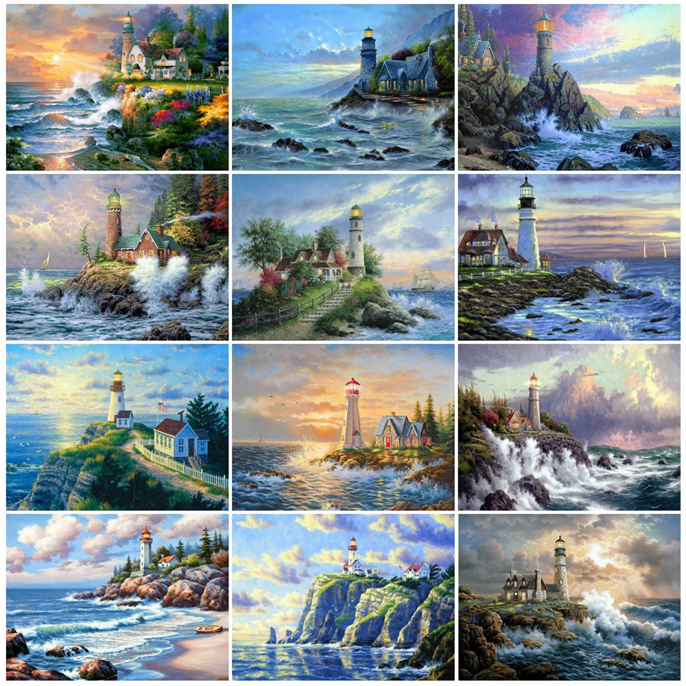 

EverShine Diamond Painting Lighthouse Cross Stitch Wall Decor 5D Diamond Mosaic Seaside Home Decor Landscape Bead Embroidery