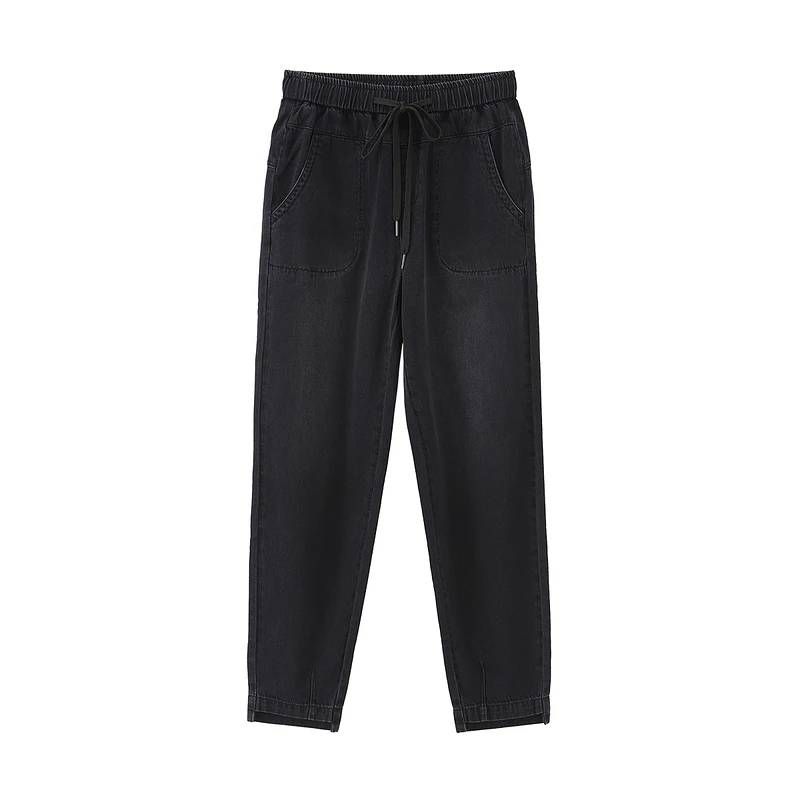 

INMAN Spring Women's Jeans Drawstring Elastic Waist Pockets Irregular Hem Simple Casual Style Black Denim Trousers