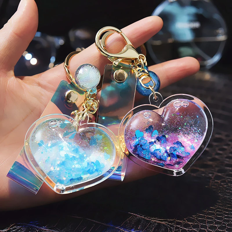 

Quicksand Key Ring Bag Pendants Portable Keychain Acrylic Oil Bottle Peach Heart