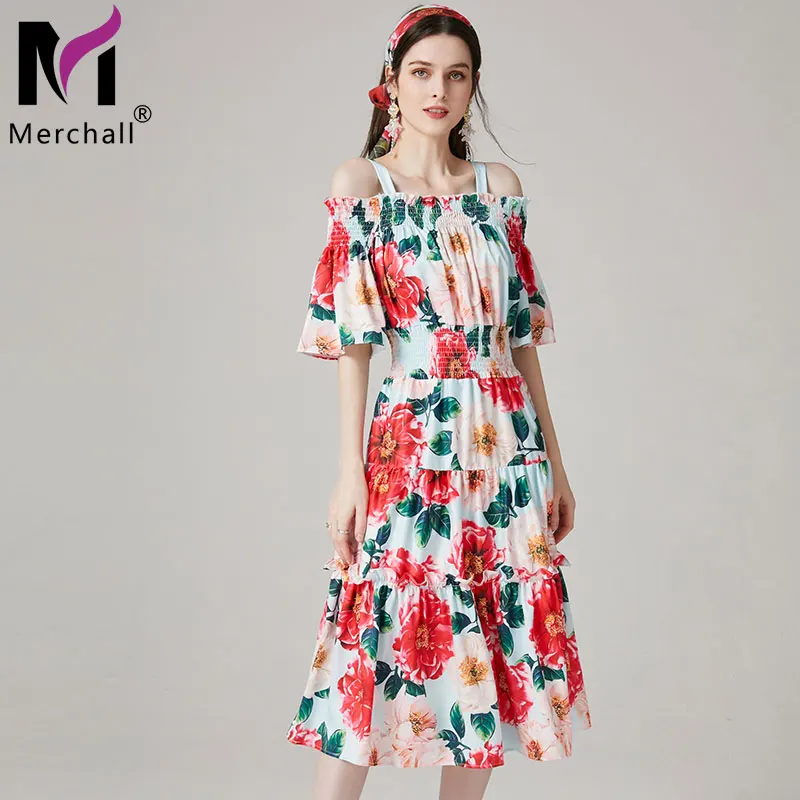 

2021 Summer Bohemian Off Shoulder Dress Woman Floral Print Spaghetti Strap Flare Sleeve Elastic Ruffled Dresses Vestido M7281