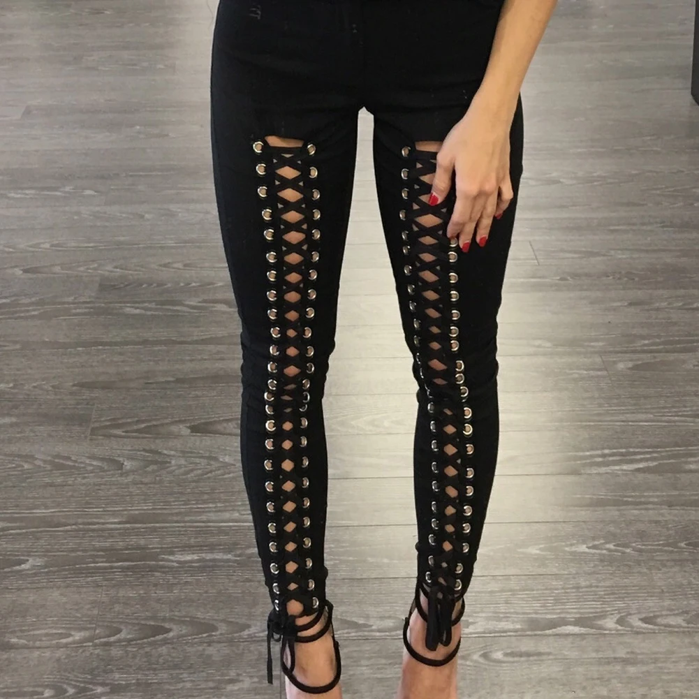 Fashion Women High Waist Pencil Leggings Stretchy Bandage Hollowed out Pants