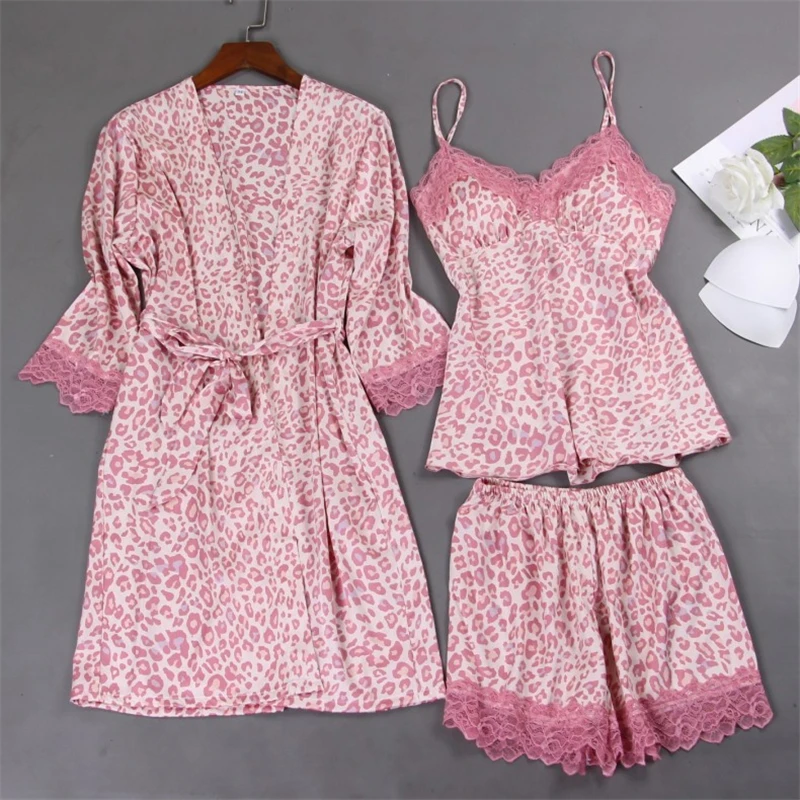 

Women Pajamas Set Satin Leopard Print Sleepwear 3Pieces Nightwear Pyjama Lace Sleep Lounge Pijama With Chest Pads