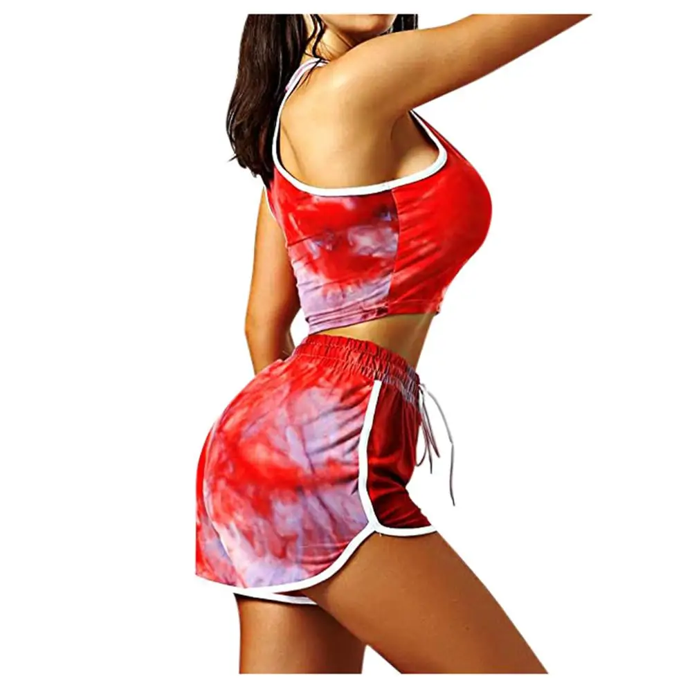 

2020 Sexy Women's 2 Piece Set Tie Dye Printed Sports Drawstring Workout Vest crop top And Shorts Summer ropa de mujer Q40