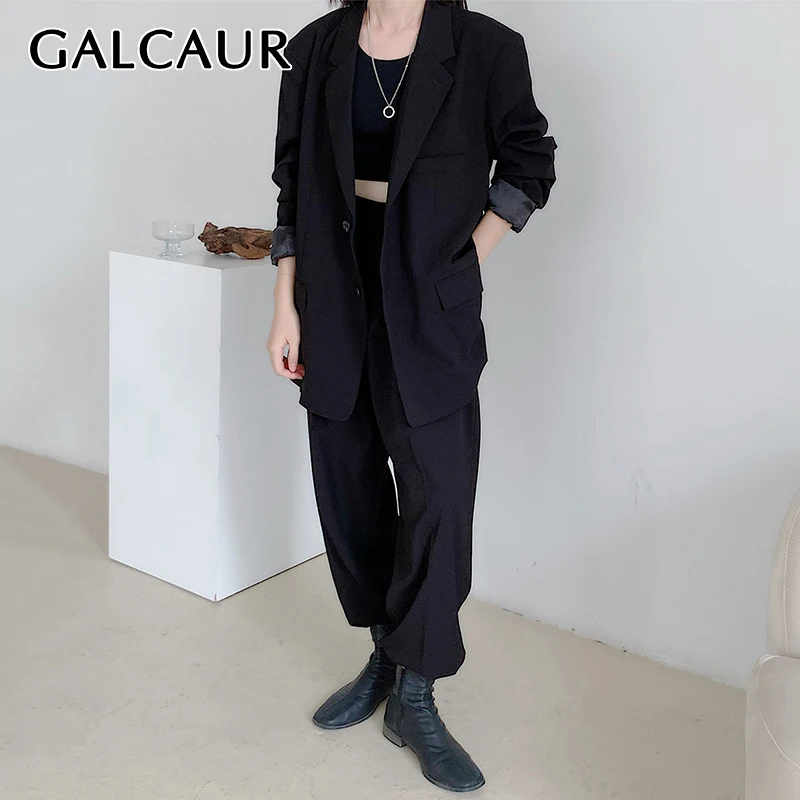 

GALCAUR Solid Sets For Women Notched Long Sleeve Loose Blazers High Waist Full Length Trousers Casual Two Piece Set Female 2021