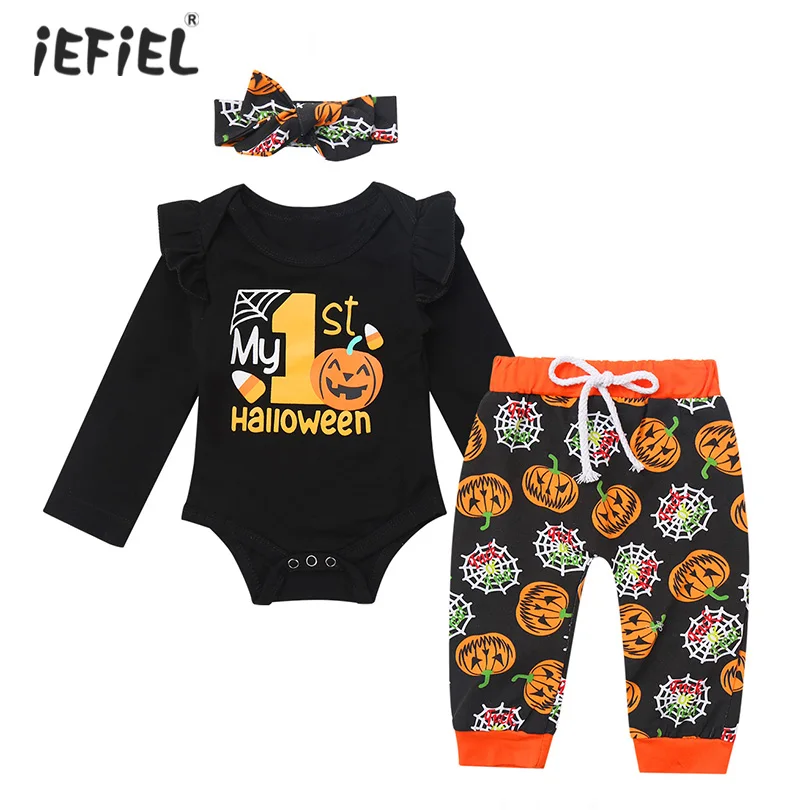 

Infantil/наряд для косплея на Хэллоуин для маленьких девочек; Комбинезон с длинными рукавами и принтом тыквы с повязкой на голову; Штаны; Компле...