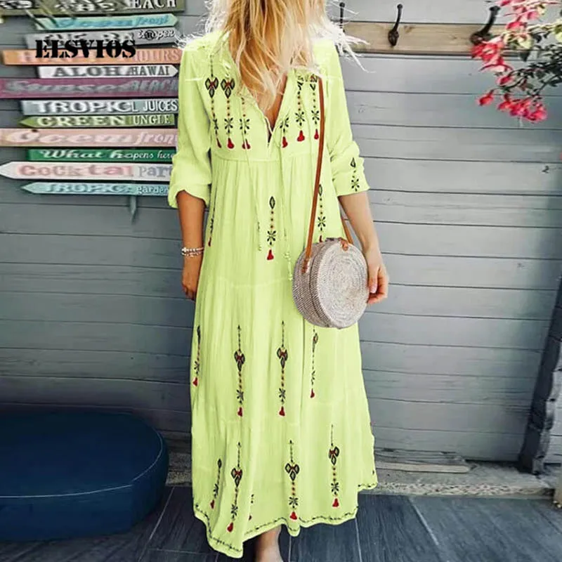 

ELSVIOS Women Ankle-length Floral Print vintage Dress Elegant Sexy V-neck Long Sleeve tassel Dress Female Autumn Maxi Dress 5XL
