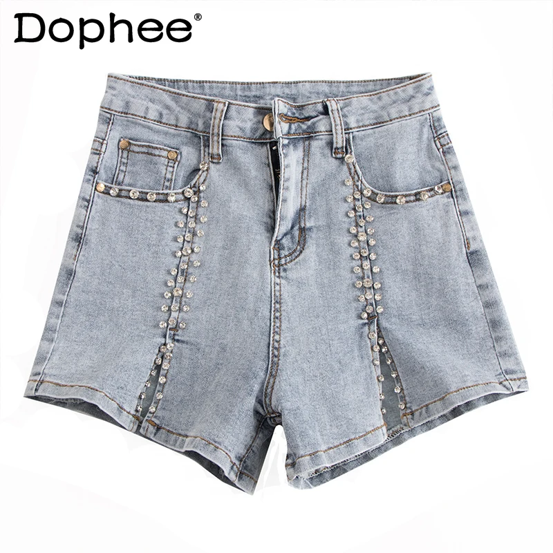 

High Waist Hot Drilled Denim Shorts for Women New Summer European Fashion Slit Design Hot Pants All-match Straight Short Pants