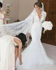 Кружевное свадебное платье-русалка, белое элегантное винтажное платье невесты с глубоким V-образным вырезом и длинными рукавами, на заказ