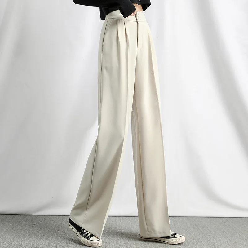 

Female Wide Leg Suit Pants Women Elastic High Waist Button Zip Pockets Pants Office Lady Summer Autumn Straight Trousers Mujer