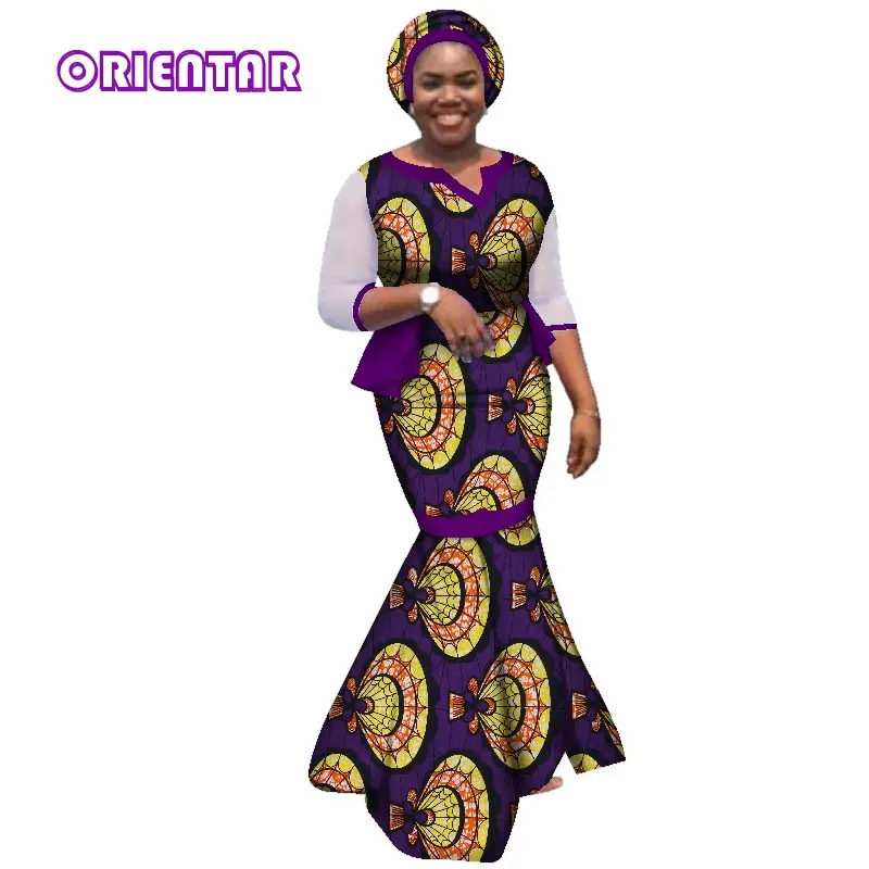 African Dresses for Women African Clothes with Headscarf Print Cotton Floor Length Dress Women Private Custom Plus Size WY2903