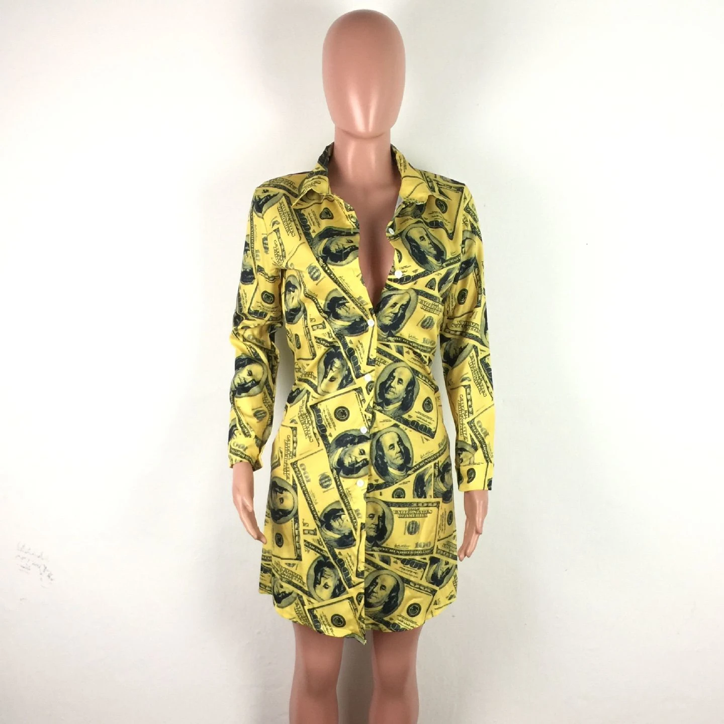 Платье с принтом денег долларов v-образным вырезом и длинными рукавами уличная