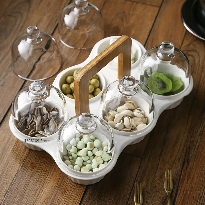 

Creative Ceramic Snack Plate Dried Fruit Plate Modern Living Room Snack Storage Plate Fruit Platter Glass Cover Dessert Bowl