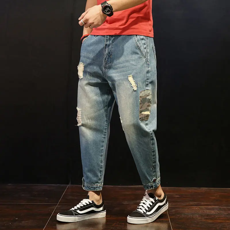Men's Jeans Summer Thin Large Size Loose Straight Nine-point Pants Ripped Camouflage Long Pants Men Jeans
