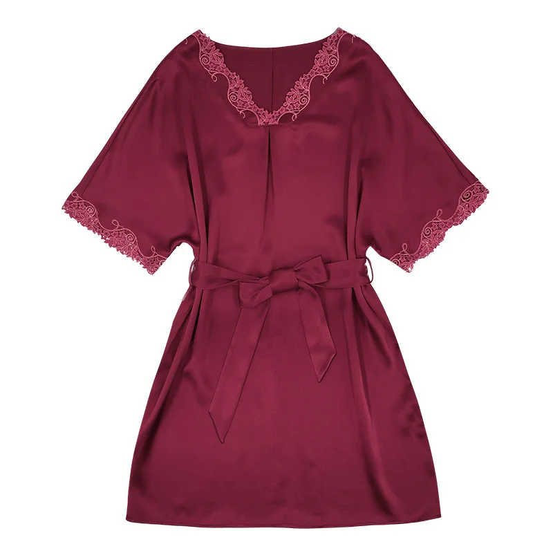 

Lace Trim Nightgown Sleepwear 100% Silk Lady Sexy Intimate Lingerie Red Mini Night Dress Nighty With Belt Home Dressing Gown