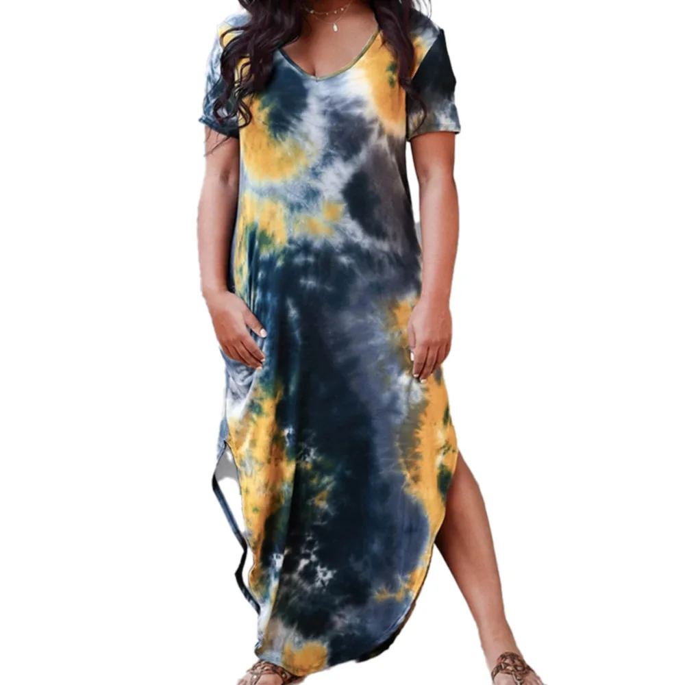 

Spring and summer women's tie dye round collar short sleeves casual irregular dress