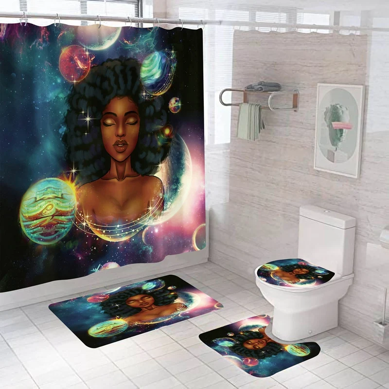 Space African Woman Print Shower Curtain Set Girl Polyester Bathroom Curtains Anti-Slip Bath Mats Carpets Rugs | Дом и сад