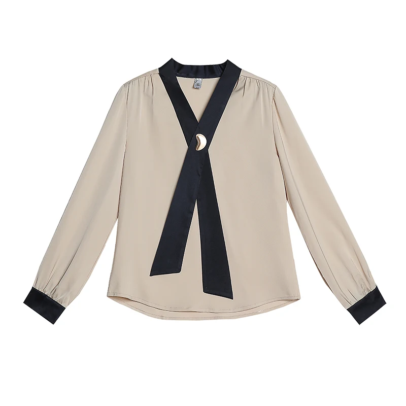 

Houthion Silk Satin Slim Women's Blouses New Casual Blouse Fashion Long Sleeve Top Splicing Shirt Spring/autumn Bow V-Neck