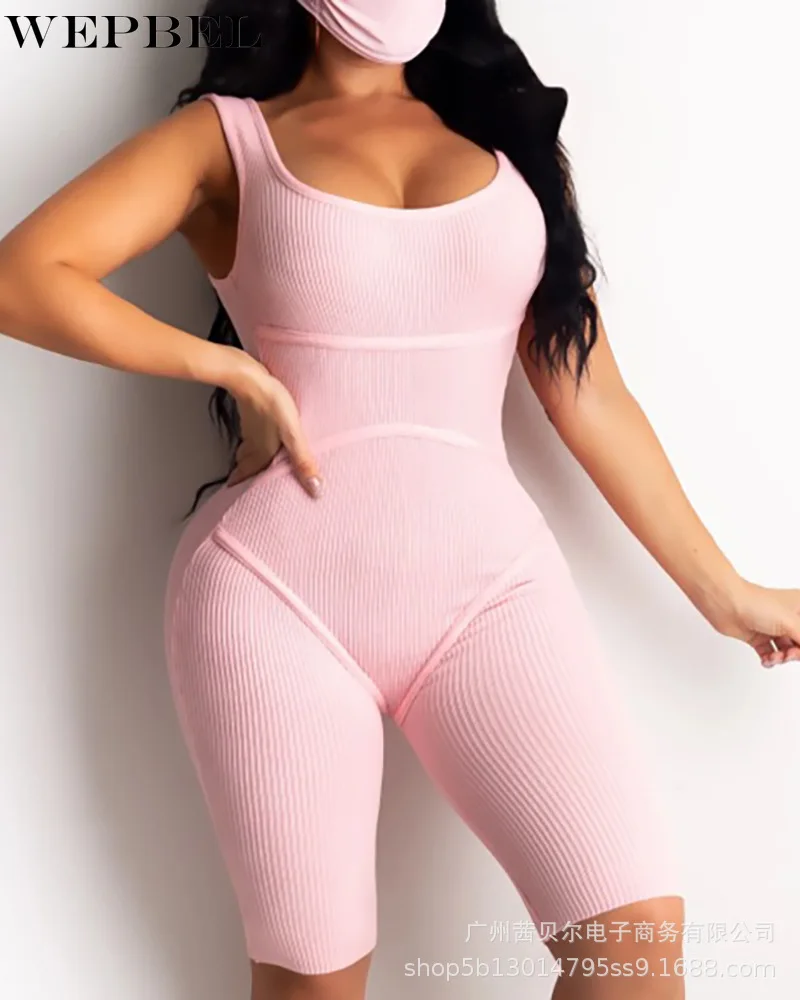 

WEPBEL Playsuits Women's Casual Sleeveless Slim Playsuits Summer Sexy O-Neck Solid Color High Waist Straight Playsuits