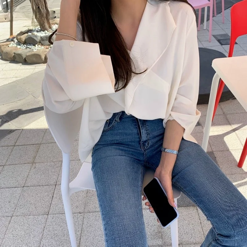 

Office Lady Cross Design Womens Tops Summer Turn Down Collar Solid Blouse Spring Simple Long Sleeve Shirt Women Feminino