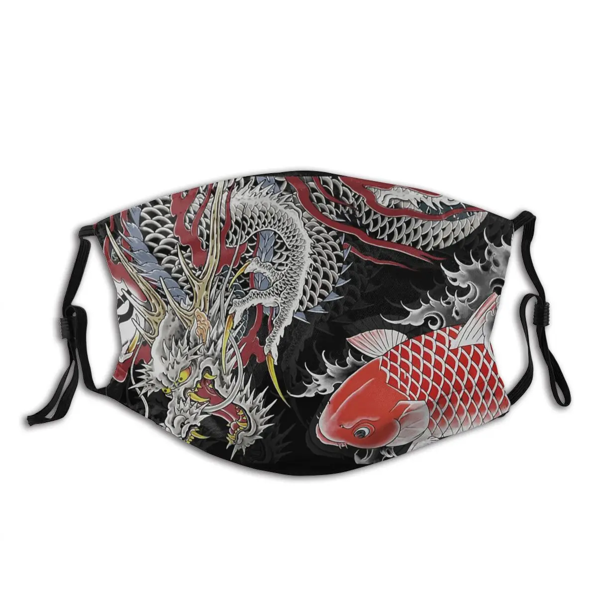 

Koi And Dragon Tattoo Kiryu And Nishiki Japanese Washable Printed Mouth Face Mask Anti Wind Dust Proof with Filters Winter