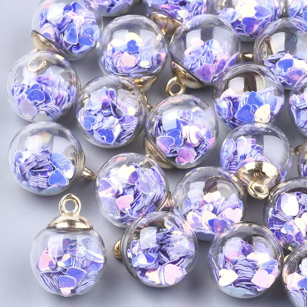 

20 pc Glass Ball Pendants with Glitter Sequins and CCB Plastic Findings Round with Heart Golden Mauve 21x15.5~16mm Hole: 2mm