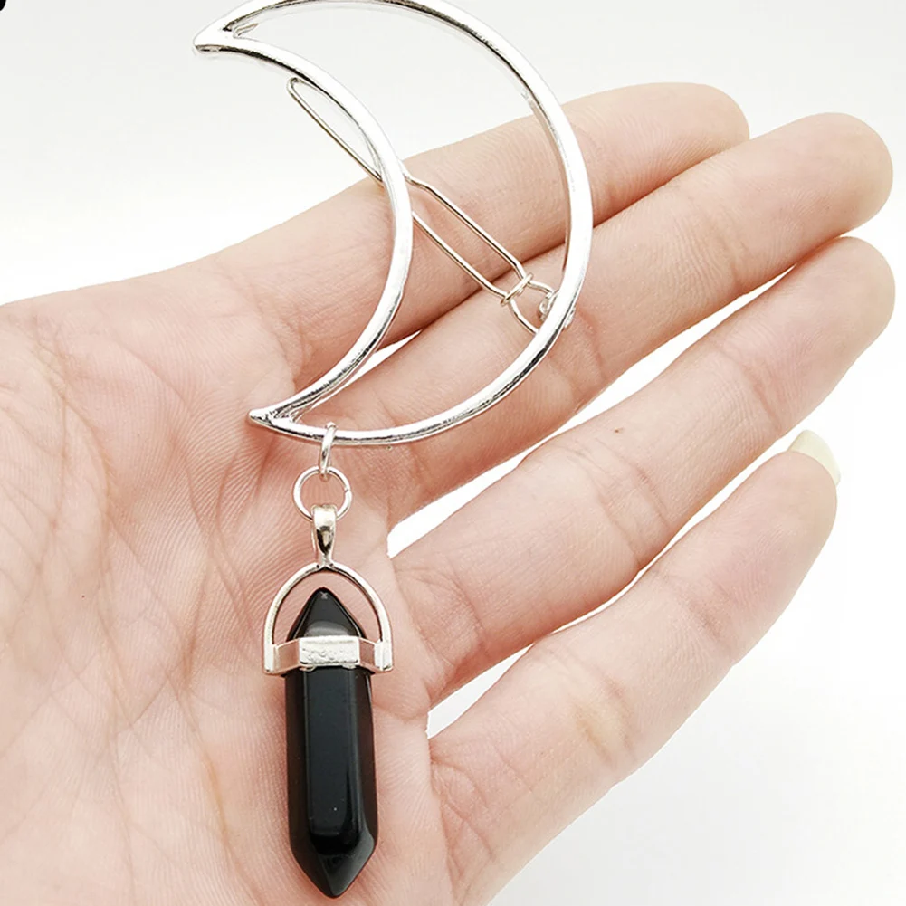 Fashion Alloy Hollow Moon Hair Clips Quartz Hexagon Prism Pendant Hairclips Crystal Barrette Casual Retro Hairpin Accessories |
