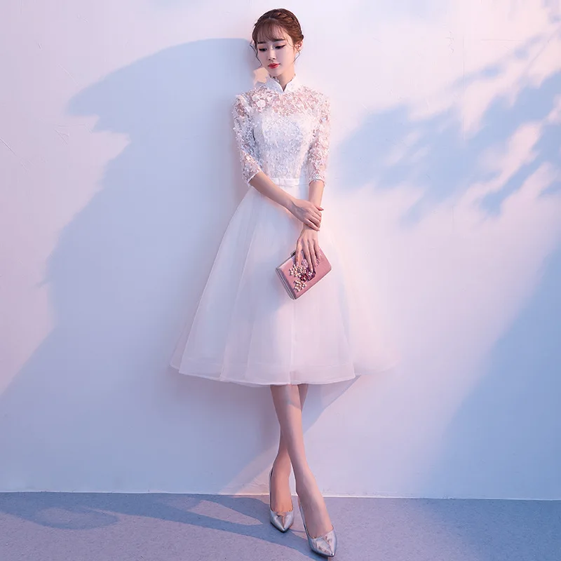 Винтажное Белое Женское платье Ципао длинное вечернее с воротником стойкой