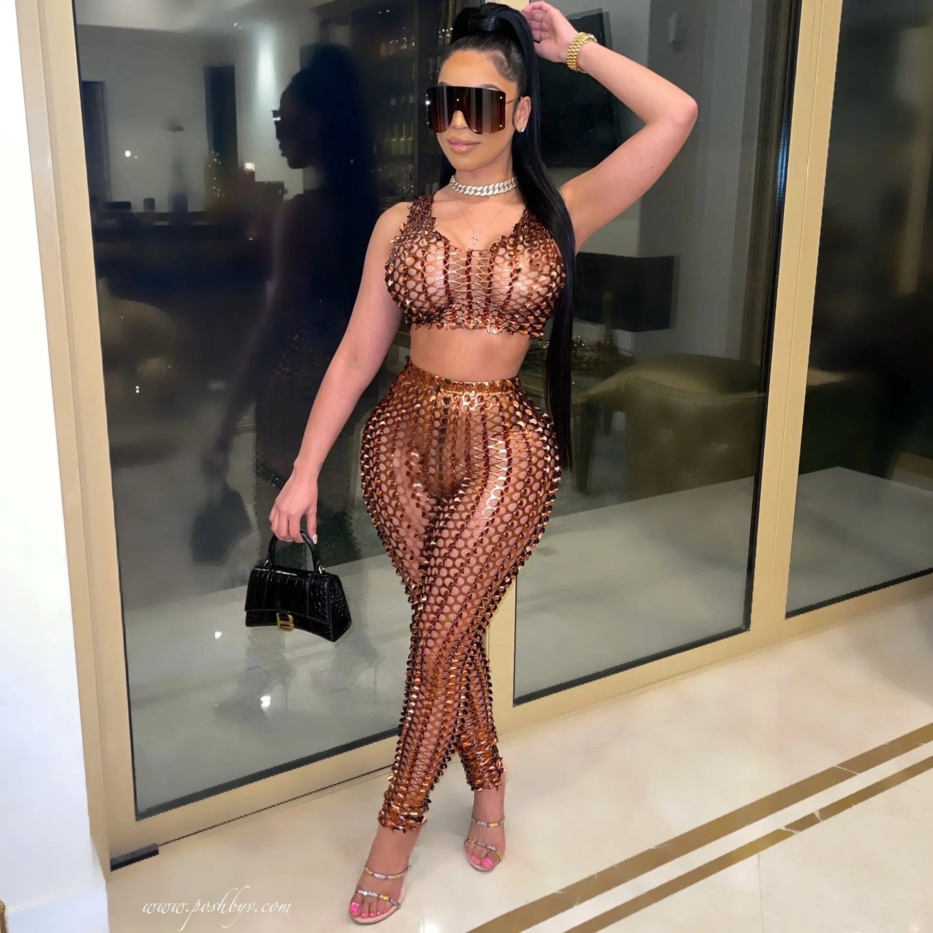 

Ursuper New Foreign Trade Women's Clothing Fashion Style Bronzing Burning Flower Hollow Stretch Two-Piece Suit