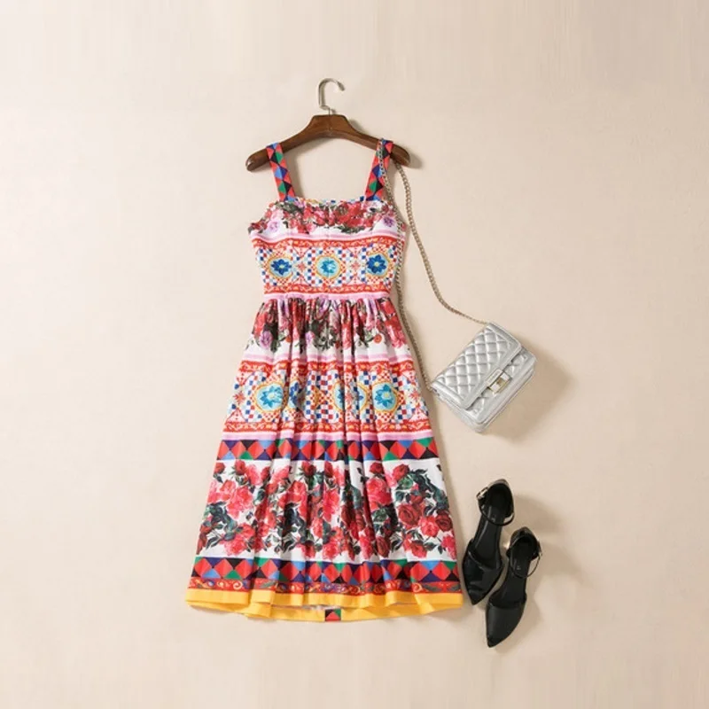 

High Quality New Plus Size Clothing Women Spaghetti Strap Rose Floral Print Jewlery Button A-Line Sweet Dress 7xl 6xl 5xl 4xl