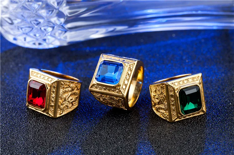 

Luxury Double Dragon Finger Rings Titanium Steel Crystal Casting Gold Color New Fashion Jewelry For Man Anniversary Party Gifts