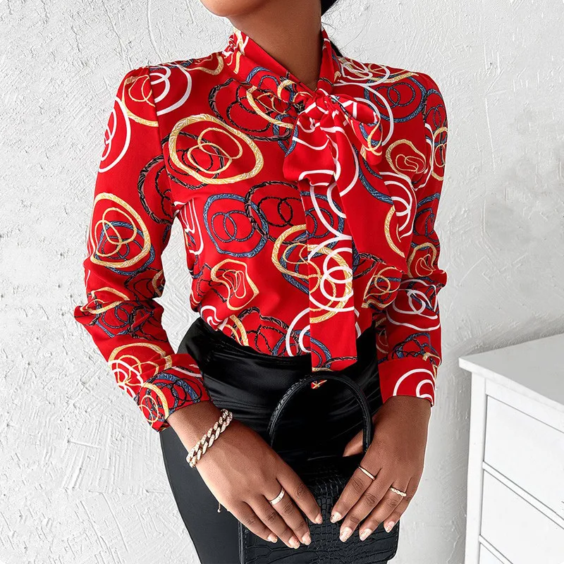 

New Fashion Women Blouse Tops Tied Detail Long Sleeve Graphic Print Shirt