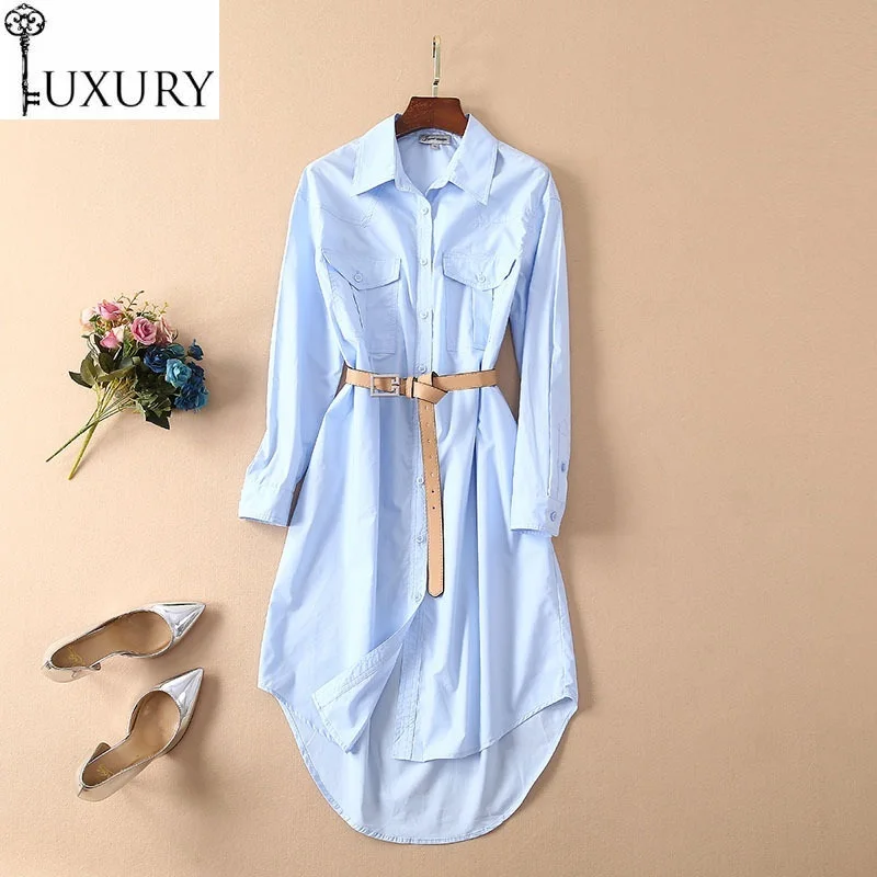 Style New 2020 Celebrity Summer Fashion Long Shirt Women Turn-down Collar Chest Pocket Belt Patchwork Casual Work Dress OL