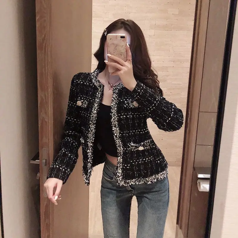 Mozuleva/Новинка Женская черная твидовая куртка Клетчатое пальто Осеннее маленькое