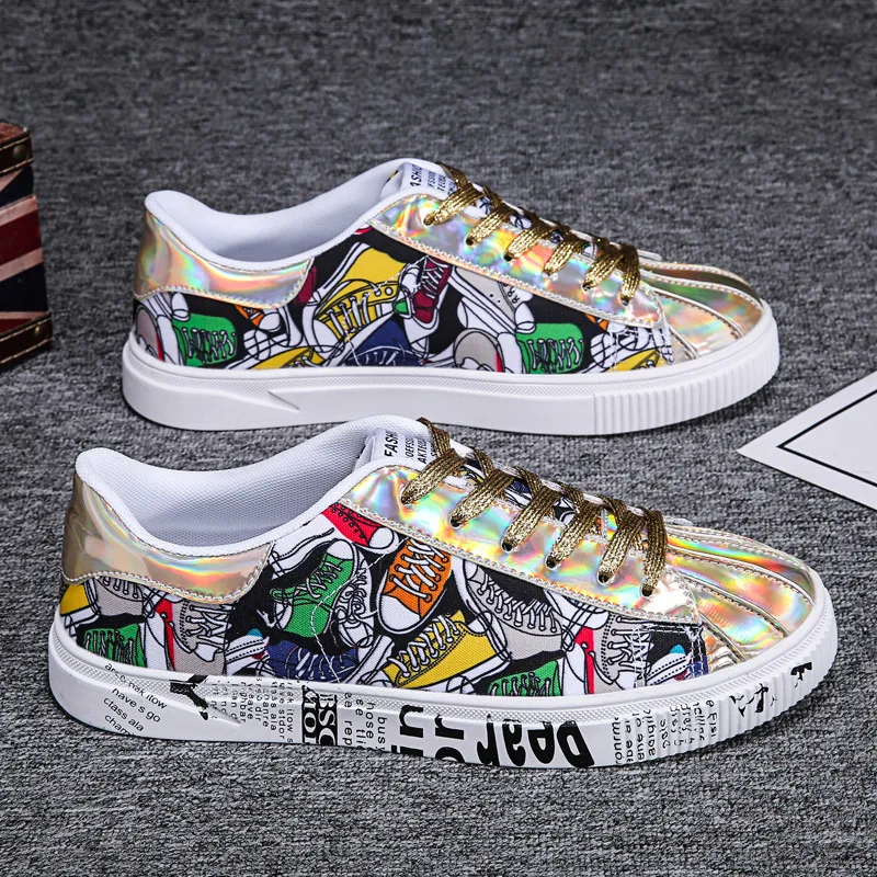 Fashion Couple Shoes Graffiti Printed Glitter Sneakers Men Classic Shell Toe Shiny Golden Flats Hip hop Casual |