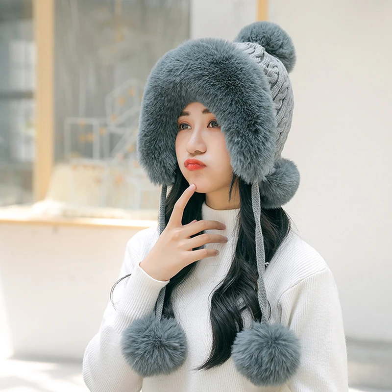 

Outdoor Earflap Woollen Yarn Knitted Snow Ski Cap Fleece Bomber Trapper Hat Women Faux Fox Fur Pom Pom Winter Russian Cossack