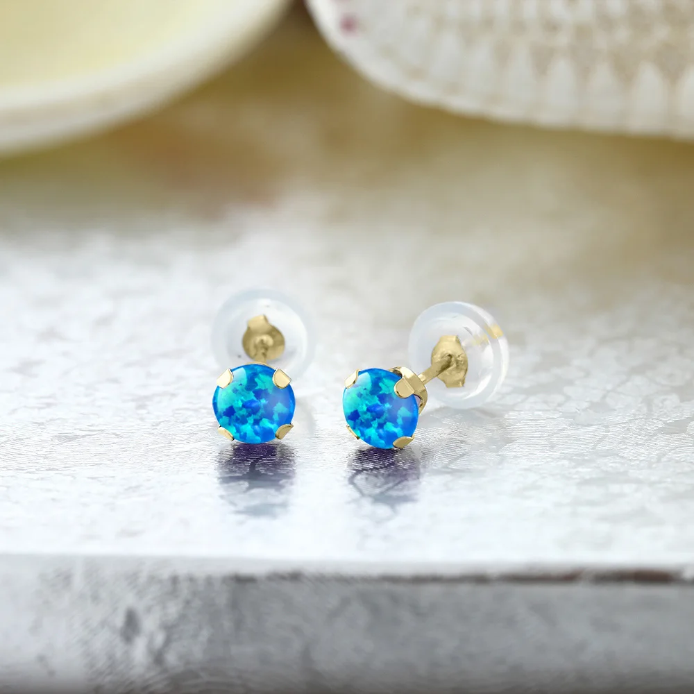 GemStoneKing 0 50 Ct Круглые Кабошон 4 мм синий искусственный опал 14K желтое золото серьги