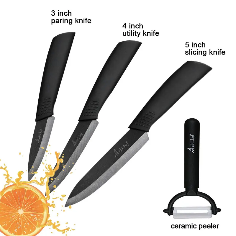 3 Black Knife Set Кухонный нож, керамический нож, набор для приготовления пищи " 4" " 6" дюймов+ Овощечистка, черное лезвие, нож для очистки овощей и фруктов, нож для шеф-повара, кухонные инструменты - Цвет: 3 Black Knife Set