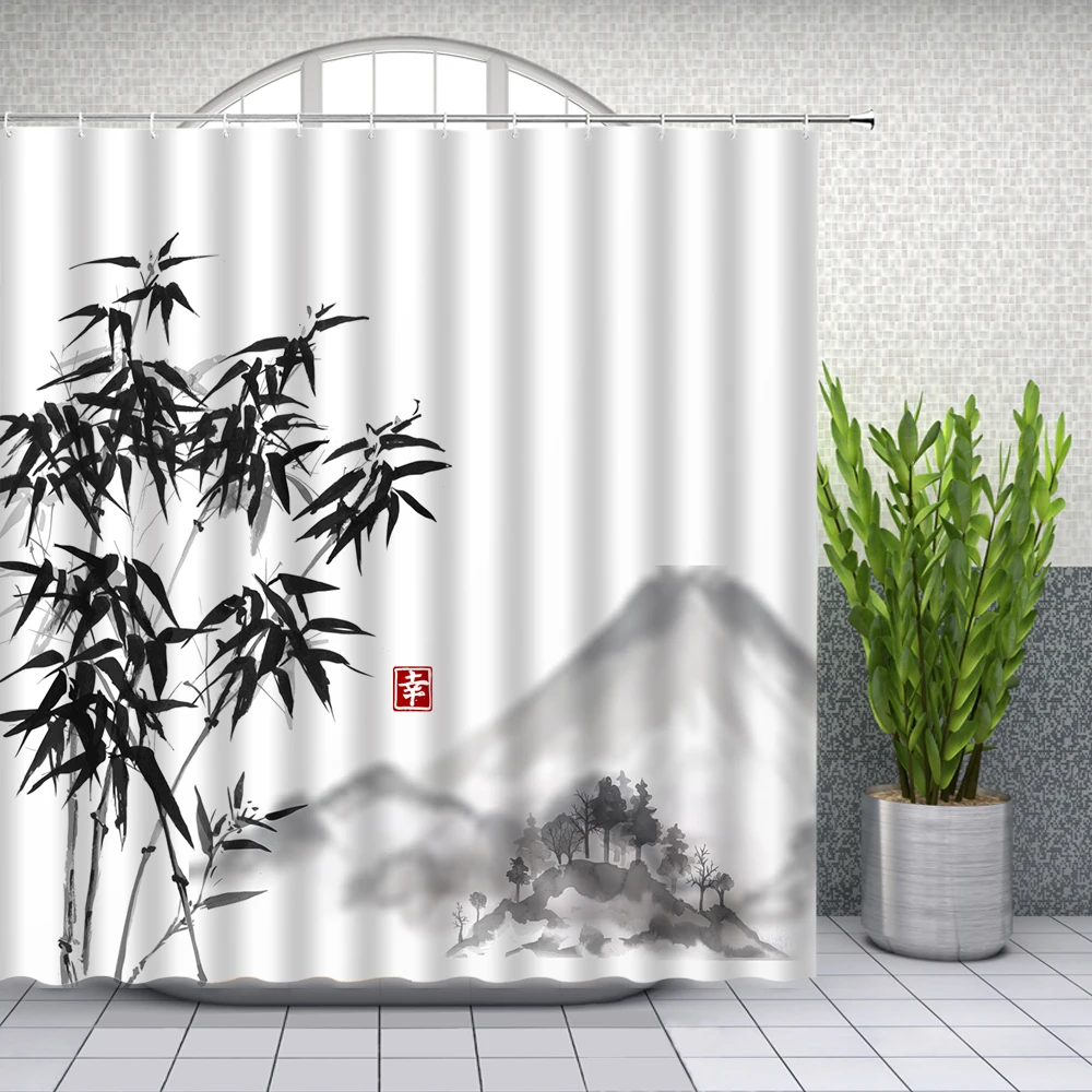 

Landscape Shower Curtains Chinese Style Ink Painting Bamboo Mountain Water Bathroom Decor Waterproof Cloth Curtain Set Cheap