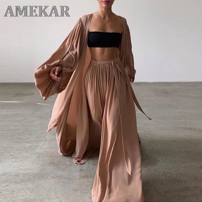 

Women 3 Piece Sets Homewear Fashion Casual Lantern Sleeve Cardigan Tops+Wide Leg Pants Suits Lady Spring Soft Three Piece Outfit