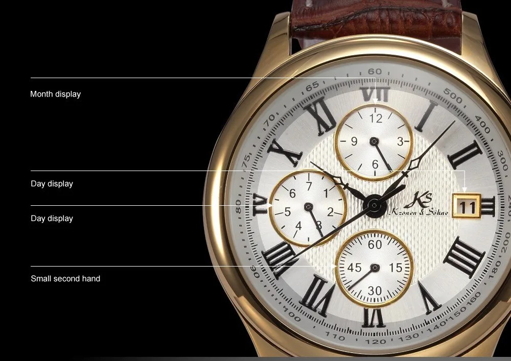 IMPERIAL KS Retro Skeleton 6 Hands Golden Case Luxury Brand Day Month Display Brown Leather Strap Men's Mechanical Watch / KS146