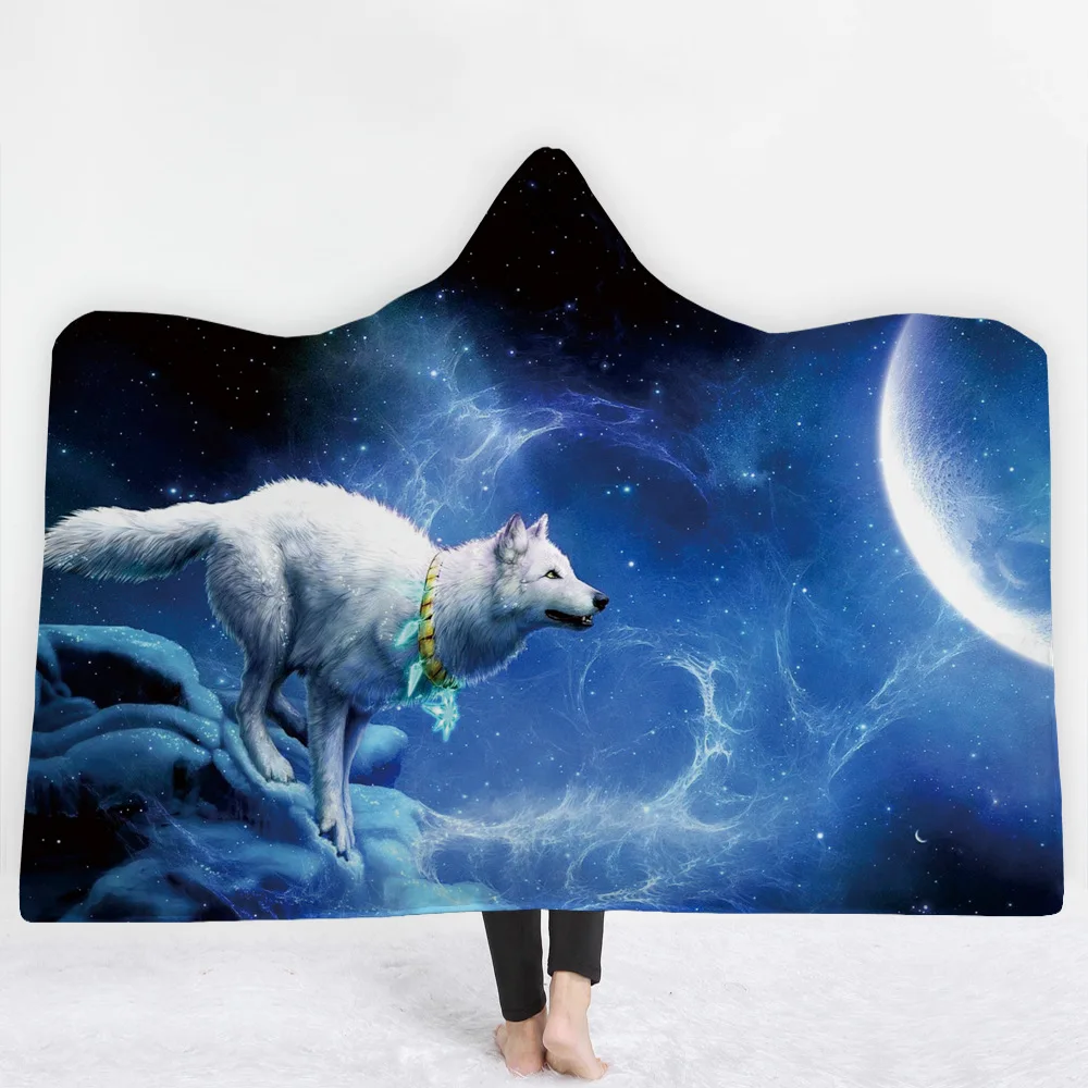 

Lannidaa Wolf Moon Hooded Blanket 3D Printed Animals Hooded Throw Super Soft Micorfiber Coral Fleece Blankets For Winter Gifts