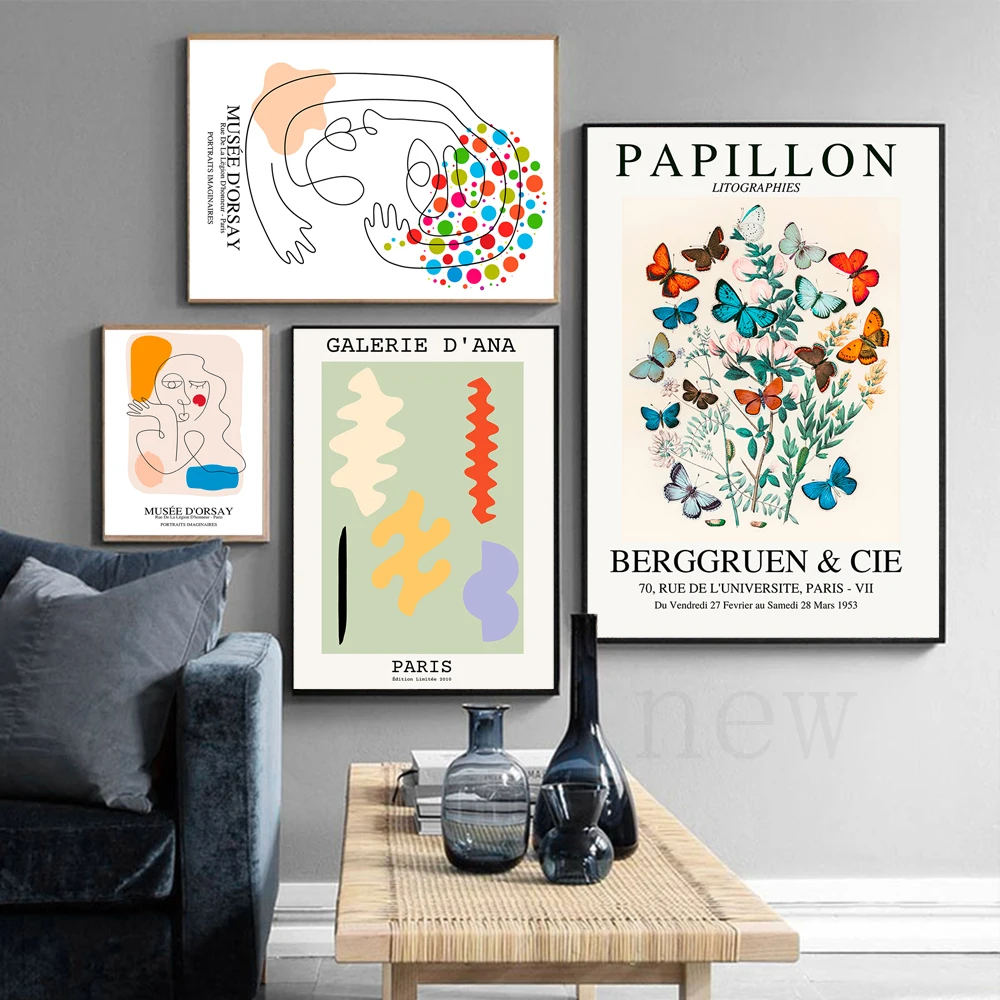 

Picasso Matisse Gallerie Wall Pictures Colorful Butterfly Exhibition Posters Art Canvas Print Abstract Painting Interior Decor