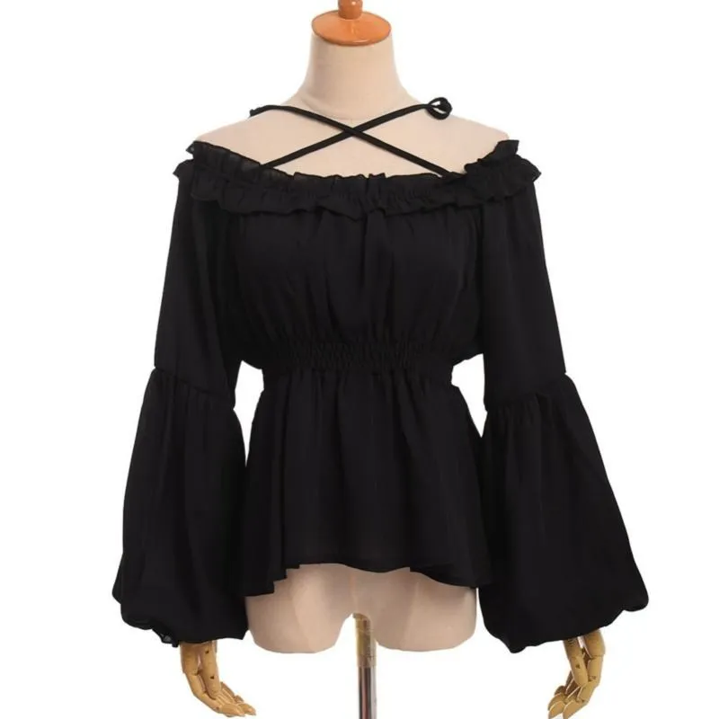 

Vintage Female Gothic Lolita Blouse High Waist Long Sleeve Boat Neck Flounce Chiffon Shirt Elegant Undershirt Lolita Blouse