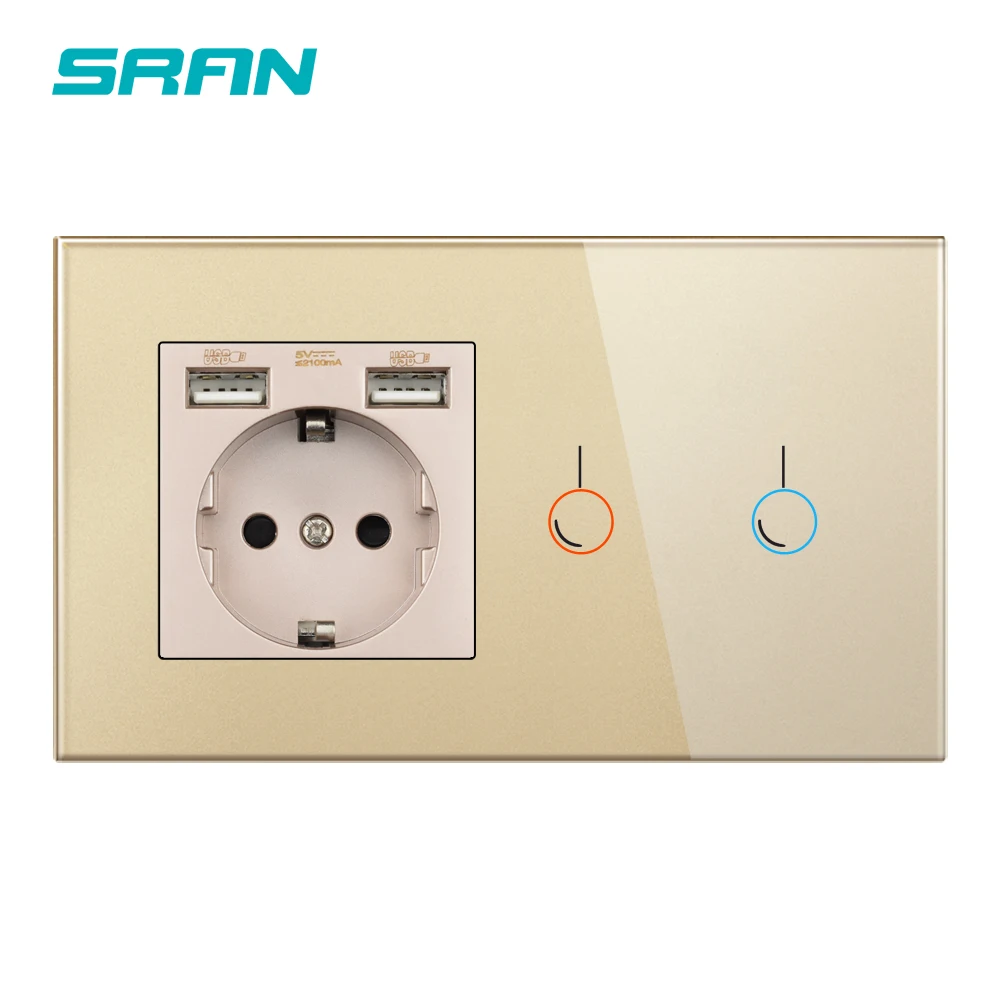 SRAN Сенсорный выключатель с розеткой с USB-панелью из хрусталя 146* 86 220 В 16A EU enchufe 2,1 А 5 В USB-телефон электрическая розетка с выключателем 1/2/3-канальная розетка Россия