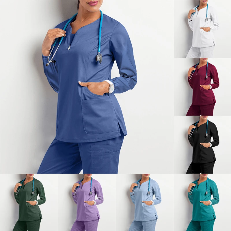 Nurse Uniform Long Sleeve Scrub Tops High Quality Unisex V-Neck Work Clothes Pet Grooming Institution Beauty Salon Accessories men s conjoined work clothes high quality durable work wear long sleeve tooling uniform loose casual coveralls