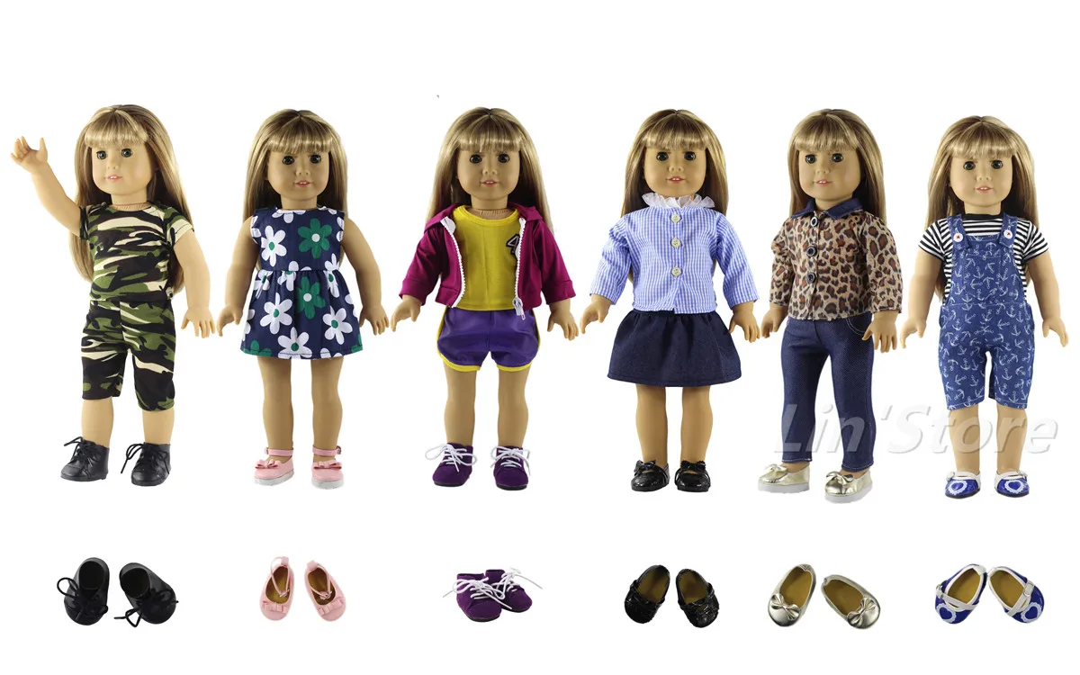 Новый стиль 6 комплектов одежды для кукол + 3 пары случайных туфель 18 дюймовых